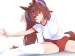  1girl animal_ears arm_behind_head breasts brown_hair buruma closed_mouth daiwa_scarlet_(umamusume) ev_(dai00888) feet_out_of_frame gym_uniform hair_between_eyes hair_intakes highres horse_ears horse_girl horse_tail large_breasts leaning_to_the_side long_hair looking_to_the_side outstretched_arm red_eyes shirt short_sleeves solo spread_legs stretching sweatdrop tail thighhighs tiara tracen_training_uniform twintails umamusume white_shirt white_thighhighs 