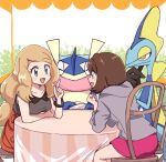  2girls :d blonde_hair bracelet brown_hair cardigan chair collared_shirt commentary_request day dress eye_contact eyelashes gloria_(pokemon) greninja grey_cardigan grey_eyes hood hood_down index_finger_raised inteleon jewelry long_hair looking_at_another multiple_girls nm222 open_mouth outdoors pink_dress pokemon pokemon_(creature) pokemon_(game) pokemon_swsh pokemon_xy serena_(pokemon) shirt short_hair sitting skirt sleeveless sleeveless_shirt smile table tablecloth 