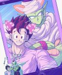 2boys animal_ears biceps black_eyes black_hair cape cellphone closed_eyes colored_skin commentary_request crossed_arms dougi dragon_ball dragon_ball_super drawn_ears drawn_whiskers face_filter frown green_skin grin highres holding holding_phone koukyouji long_sleeves looking_at_viewer male_focus multiple_boys namekian nervous_smile open_mouth phone piccolo purple_sash purple_shirt sash selfie shirt short_hair shoulder_pads sleeves_rolled_up smartphone smile son_gohan spiked_hair sweatdrop teeth translation_request turban whiskers white_cape 