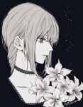  1girl artist_name black_background black_footwear braid chainsaw_man dated flower greyscale hair_between_eyes highres looking_ahead makima_(chainsaw_man) matsumotoasumu monochrome parted_lips shirt sidelocks simple_background single_braid solo upper_body 