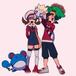  1boy 1girl :d backwards_hat baseball_cap black_eyes black_hair black_headwear black_pants blue_overalls blush brown_hair cabbie_hat capri_pants closed_eyes commentary ethan_(pokemon) eyelashes happy hat holding holding_pokemon jacket long_hair long_sleeves lyra_(pokemon) marill open_mouth overalls pants pokemon pokemon_(creature) pokemon_(game) pokemon_hgss red_footwear red_jacket red_shirt shirt shoes skiploom smile symbol-only_commentary thighhighs togepi twintails tyako_089 white_headwear yellow_bag 
