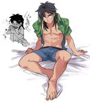  1boy banknote barefoot black_eyes black_hair blue_male_underwear briefs closed_mouth collared_shirt commentary_request dog frown full_body green_shirt highres inudori itou_kaiji kaiji long_hair looking_to_the_side male_focus male_underwear medium_bangs money multiple_views navel nipples open_clothes open_shirt parted_bangs scar scar_on_cheek scar_on_face shirt short_sleeves toes translation_request underwear x_navel 