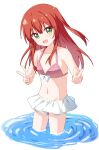  1girl bare_arms bare_legs bare_shoulders bikini bocchi_the_rock! collarbone cowboy_shot double_v green_eyes hair_between_eyes haru_(konomi_150) highres kita_ikuyo long_hair looking_at_viewer navel one_side_up open_mouth pink_bikini red_hair simple_background smile solo swimsuit v water white_background 