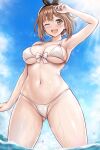  1girl ;d arm_up ass_visible_through_thighs atelier_(series) atelier_ryza atelier_ryza_1 beret bikini blue_sky blush breasts brown_eyes brown_hair cloud day hair_ornament hairclip hat highres large_breasts navel one_eye_closed open_mouth outdoors r-binon reisalin_stout short_hair sky smile solo stomach swimsuit thighs underboob wading water wet white_bikini 