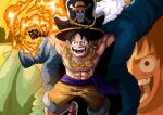  1boy 1otakuds absurdres black_eyes black_hair clenched_hand collar hat highres jolly_roger looking_at_viewer monkey_d._luffy one_piece pirate_hat scar scar_on_cheek scar_on_chest scar_on_face short_hair smile straw_hats_jolly_roger topless_male 