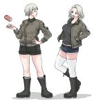  2girls absurdres alternate_costume black_footwear black_shirt black_shorts blonde_hair blue_eyes blue_shorts boots brown_jacket can closed_eyes closed_mouth coca-cola commentary cutoffs darjeeling_(girls_und_panzer) denim denim_shorts emblem facing_another girls_und_panzer grey_socks hand_on_own_hip hands_in_pockets heel_up highres jacket kay_(girls_und_panzer) long_sleeves looking_at_another medium_hair midriff military military_uniform multiple_girls open_clothes open_jacket open_mouth saunders_military_uniform shadow shirt short_shorts shorts simple_background skrmtl smile socks soda_can standing star_(symbol) thighhighs uniform white_background white_thighhighs 