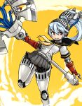  1girl absurdres axe blue_hair cropped_feet highres holding holding_axe holding_weapon joints labrys_(persona) looking_to_the_side persona persona_4 persona_4:_the_ultimate_in_mayonaka_arena pleated_skirt ponytail red_eyes robot_girl robot_joints school_uniform skirt smile solo weapon yellow_background zanamaoria 