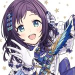  1girl aiba_uiha aiba_uiha_(1st_costume) blue_eyes blue_gemstone blush bow braid braided_bangs demirinz gem gloves hair_bow idol_clothes medium_hair mole mole_under_eye nijisanji purple_hair solo virtual_youtuber white_gloves 