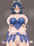  1girl alternate_body_size alternate_breast_size areola_slip arms_at_sides belly biting black_hair blush bracer breasts clenched_hands closed_eyes coelacanth_(kemono_friends) coelacanth_(kemono_friends)_(cosplay) collar collarbone cosplay covered_clitoris cowboy_shot curvy embarrassed facing_viewer furrowed_brow green_hair groin hair_ornament highres huge_breasts kako_(kemono_friends) kemono_friends large_areolae lip_biting long_hair multicolored_hair navel nose_blush parted_lips plump shibori_kasu skindentation solo stomach sweat two-tone_hair undersized_clothes 