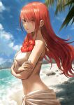  1girl beach bikini blue_sky breasts cloud crossed_arms fagi_(kakikaki) floating_hair from_side hair_over_one_eye highres kirijou_mitsuru looking_at_viewer looking_to_the_side medium_breasts orange_hair outdoors palm_leaf persona persona_3 sarong sky solo stomach swimsuit white_bikini white_sarong 