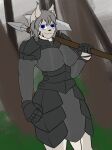 absurd_res anthro armor athletic athletic_anthro axe axolotl_team big_breasts blue_eyes bobcat breasts chainmail clothed clothing digital_media_(artwork) domestic_cat eyebrows felid feline felis female forest forest_background fur gloves grey_armor grey_clothing grey_topwear hair handwear headgear hi_res holding_object huge_breasts looking_at_viewer lynx mammal melee_weapon multicolored_clothing muscular muscular_anthro narrowed_eyes nature nature_background outside plant shira_elinit smile smug smug_face smug_grin solo thick_thighs topwear tree two_tone_clothing weapon white_body white_fur 