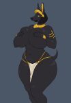  abs anthro anubian_jackal armlet big_breasts biped black_hair blueryker bottomwear bracelet breast_squish breasts canid canine canis clothed clothing covering covering_breasts curvy_figure dark_body digital_media_(artwork) egyptian_clothing eyeshadow female gold_(metal) gold_jewelry grey_body hair hand_on_own_breast hi_res holding_breast huge_breasts jackal jewelry loincloth makeup mammal navel smile solo squish thick_thighs topless usekh wide_hips yellow_eyes yellow_eyeshadow 