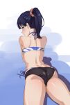  13286562332 1girl absurdres ass back bikini black_hair blush gridman_universe highres looking_at_viewer lying official_alternate_costume on_stomach orange_scrunchie ponytail scrunchie side-tie_bikini_bottom ssss.gridman swimsuit takarada_rikka 