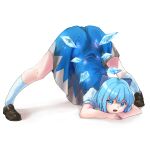  1girl black_footwear blue_bow blue_dress blue_eyes blue_hair bow cirno cirno_day commentary detached_wings dress full_body hair_bow hands_on_ground highres ice ice_wings jack-o&#039;_challenge looking_at_viewer open_mouth short_hair short_sleeves socks solo spread_legs top-down_bottom-up touhou unloli white_socks wide_spread_legs wings 