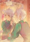  1boy 1girl :o adjusting_hair anocurry arms_up braid brother_and_sister clanne_(fire_emblem) closed_eyes fire_emblem fire_emblem_engage flower framme_(fire_emblem) grey_hair highres long_hair long_sleeves looking_at_mirror mirror multicolored_hair open_mouth ribbon scarf short_hair siblings sommie_(fire_emblem) stretching table twins two-tone_hair yellow_eyes 