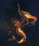  anthro areola black_areola black_nipples breasts brown_body dragon female fire flaming_tail glowing glowing_body glowing_hair glowing_legs gold_(metal) gronnulv hair hi_res hooves horn multicolored_body night nipples orange_body orange_eyes orange_glow orange_hair pompeii_(timberwolfl) scalie simple_background sky small_breasts solo star tail tail_spines 