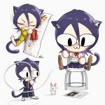  :3 absurdres animal_ears black_hair bleach blue_skirt body_pillow bow cat_ears cat_girl cat_tail collared_shirt cosplay dakimakura_(object) highres hugging_object kuchiki_rukia kuchiki_rukia_(cosplay) kurosaki_ichigo mouse multiple_views neco-arc pajamas pillow pillow_hug pleated_skirt red_bow shirt short_hair sitting skirt slit_pupils stool tail tsukihime waligner white_shirt yellow_pajamas 