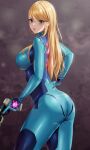  1girl absurdres amayo_thranana ass blonde_hair blue_bodysuit bodysuit breasts commission cowboy_shot green_eyes gun hair_down hand_on_own_hip handgun highres holding holding_gun holding_weapon large_breasts long_hair looking_at_viewer metroid plasma_pistol samus_aran skeb_commission skin_tight solo weapon zero_suit 