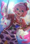  1girl blue_eyes bow doki_doki_literature_club happy open_mouth paint_splatter paint_splatter_on_face paintbrush red_bow red_shirt ribbon sabania_404 sayori_(doki_doki_literature_club) shirt short_hair smile solo teeth upper_body upper_teeth_only 
