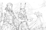  1other 2girls animal_ears avatar_(ff14) carrying carrying_person child cloud commentary commission detached_sleeves dress elezen elf english_commentary final_fantasy final_fantasy_xiv flower forehead_jewel g_studio greyscale hair_flower hair_ornament highres in-universe_location long_hair monochrome multiple_girls outdoors pointing pointy_ears rabbit_ears sleeveless sleeveless_dress statue viera 