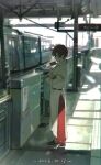 1boy black_footwear brown_hair capelet chinese_commentary closed_mouth commentary_request crossed_arms dated full_body gloves grey_gloves highres jabuchi_you long_sleeves male_focus pants red_pants saibou_shinkyoku short_hair solo standing train_station white_capelet xiaohuaitongxue 