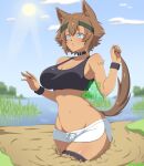 2020 :o ace_of_bros animal_ears big_breasts blue_eyes blue_sky blush bottomwear breasts brown_hair clothing dated female feral fingernails hair hi_res humanoid monster_girl_(genre) monster_musume mud nails navel open_mouth polt_(monster_musume) sharp_fingernails sharp_nails shorts sky solo sun tail 