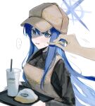  1girl 1other absurdres apron black_shirt blue_archive blue_eyes blue_hair blue_halo brown_apron brown_headwear collared_shirt dantyou2525 drink drinking_straw food french_fries hair_between_eyes halo hat highres holding holding_food holding_tray long_hair long_sleeves mom&#039;s_touch open_mouth pov pov_hands saori_(blue_archive) shirt simple_background sketch tray upper_body white_background 