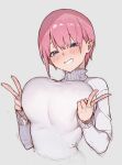  1girl blue_eyes blush breasts cropped_torso double_v go-toubun_no_hanayome grin highres large_breasts long_sleeves looking_at_viewer nakano_ichika short_hair simple_background smile solo sooon sweater turtleneck turtleneck_sweater upper_body v white_sweater 