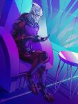  alien blue_eyes bodypaint chair clothed clothing crossed_legs el-ricado face_paint furniture hi_res holding_object holding_phone humanoid inside male mass_effect on_chair phone sitting solo table turian varik_naharis 