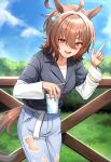  1girl against_fence agnes_tachyon_(umamusume) ahoge animal_ears black_shirt blue_sky blurry blurry_background bracelet brown_hair chemical_structure cloud cloudy_sky collarbone collared_shirt commentary_request cowboy_shot cup denim disposable_cup drinking_straw earrings fence grass hair_between_eyes highres holding holding_cup horse_ears horse_girl horse_tail jeans jewelry long_sleeves looking_at_viewer mixed-language_commentary motsushi official_alternate_costume open_mouth outdoors pants pointing pointing_up red_eyes shirt short_hair single_earring sky smile solo tail torn_clothes torn_jeans torn_pants umamusume white_shirt 