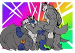  absurd_res animal_genitalia anthro ball_tuft balls canid canine canis duo flickrtail fully_sheathed fur genitals hair hi_res hybrid kneeling male male/male mammal multicolored_body multicolored_fur multicolored_hair sheath stripes trencalos tuft wings 