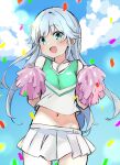  1girl absurdres blue_hair blue_sky blush breasts cheerleader cloud confetti dappled_sunlight frogboxed green_eyes green_shirt hands_up head_tilt highres holding holding_pom_poms index_(toaru_majutsu_no_index) long_hair midriff miniskirt navel open_mouth pleated_skirt pom_pom_(cheerleading) shirt skirt sky sleeveless sleeveless_shirt small_breasts smile solo standing sunlight tank_top thighs toaru_majutsu_no_index two-tone_shirt upper_body white_skirt 