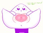 bedroom_eyes big_pussy bodily_fluids english_text female food food_creature genital_fluids genitals looking_at_viewer narrowed_eyes not_furry nude onigiri pafu_(exed_eyes) plump_labia pussy pussy_juice seductive slem solo spread_pussy spreading text urethra white_body 