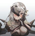  1girl absurdres armor bandaged_head bandages bangs blush breasts cleavage crying crying_with_eyes_open goddess_of_victory:_nikke gradient_background grey_hair hair_ribbon highres kenka_(user_hrjm2543) large_breasts looking_at_viewer modernia_(nikke) red_eyes ribbon shoulder_armor solo tears upper_body 