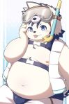  anthro belly blep blue_eyes blush bottomwear canid canine canis clothing domestic_dog eyewear fur goggles gulf_rp hi_res male mammal moobs navel nipples overweight shorts snorkel solo swimwear tajima_(tamacolle) tamacolle tongue tongue_out white_body white_fur 