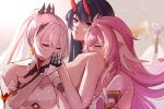  3girls closed_eyes closed_mouth elysia_(herrscher_of_human:ego)_(honkai_impact) elysia_(honkai_impact) grabbing grabbing_from_behind highres honkai_(series) honkai_impact_3rd horns kiana_kaslana kiana_kaslana_(herrscher_of_flamescion) kiss kissing_hand long_hair mofumanju multicolored_hair multiple_girls oni_horns pink_hair purple_eyes purple_hair raiden_mei raiden_mei_(herrscher_of_thunder) streaked_hair white_hair yuri 