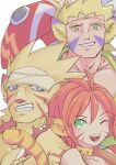  1girl 2boys absurdres animal_ears blonde_hair breath_of_fire breath_of_fire_ii breath_of_fire_iii breath_of_fire_iv cat_ears cat_tail cray_(breath_of_fire) damegamega facial_mark highres looking_at_viewer monster_girl multiple_boys one_eye_closed open_mouth orange_hair pointy_ears rei_(breath_of_fire) rinpoo_chuan short_hair simple_background smile tail white_background 