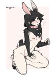  anthro black_body black_fur black_hair blush bodily_fluids breasts collar female fur genitals hair hi_res lagomorph leporid mammal nipple_piercing nipples nude open_mouth piercing pussy rabbit simple_background small_breasts solo sweat thericegoat white_body white_fur 