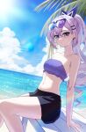  1girl absurdres arm_support bandeau bare_arms bare_shoulders beach black_shorts blue_eyes blue_sky breasts cloud commentary_request day drill_hair eyewear_on_head feet_out_of_frame highres honkai:_star_rail honkai_(series) long_hair looking_at_viewer medium_breasts midriff natsuki_iroha navel ocean outdoors ponytail purple_hair short_shorts shorts silver_wolf_(honkai:_star_rail) sitting sky solo sparkle stomach strapless sunglasses thighs tube_top very_long_hair water 