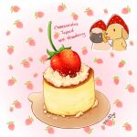  0_0 :&lt; :3 animal artist_name black_eyes cheesecake chibi chibi_inset closed_mouth clothed_animal commentary cream dessert dog english_text food food-themed_clothes food_focus food_name food_print fruit happy hat no_humans original pink_background red_headwear sheep signature smile solid_oval_eyes strawberry strawberry_print tongue tongue_out white_eyes yuki00yo 