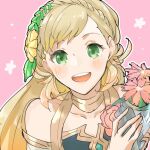  1girl alternate_costume bare_shoulders blonde_hair blush braid collarbone colored_tips commentary_request crown_braid facing_viewer fire_emblem fire_emblem_heroes flower green_eyes hair_flower hair_ornament halterneck holding_vase long_hair looking_at_viewer multicolored_hair open_mouth pink_background sakura_no_yoru shadow sharena_(fire_emblem) solo swept_bangs teeth upper_teeth_only vase very_long_hair 