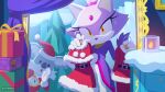  1boy 1girl blaze_the_cat candle christmas christmas_present coconut_crew dress forehead_jewel gift gloves hat holding_stopwatch jacket looking_at_viewer official_art open_mouth pants purple_jacket santa_costume santa_dress santa_hat sonic_(series) stopwatch watermark white_gloves white_pants 