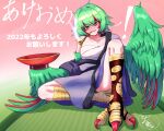  1girl bird_legs blush breasts chest_sarashi cleavage commentary_request cup feathered_wings feathers green_feathers green_hair green_wings hair_between_eyes harpy highres holding holding_cup japanese_clothes kimono long_hair looking_at_viewer monster_girl mouth_hold multicolored_hair open_mouth original pipe_in_mouth purple_kimono red_eyes red_hair sakazuki sarashi sitting smoking smoking_pipe solo talons togenomaru torn_clothes torn_socks translation_request two-tone_hair winged_arms wings yellow_eyes 