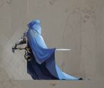  a_knight_(reverse:1999) blue_cape cape commentary english_commentary epebe gauntlets grey_background hood hooded_cape leaf no_humans reverse:1999 sword weapon 