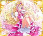 1girl ankle_boots blonde_hair bloomers blue_eyes boots bow commentary cure_flora dated dress earrings floating gloves go!_princess_precure gradient_hair half-dress hand_in_own_hair hanzou haruno_haruka high_heel_boots high_heels highres index_finger_raised jewelry long_hair looking_at_viewer magical_girl miniskirt multicolored_hair open_mouth pink_bow pink_dress pink_hair pink_skirt precure skirt smile solo streaked_hair swept_bangs tiara twitter_username two-tone_hair underwear very_long_hair waist_bow white_footwear white_gloves 