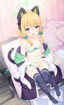  1girl absurdres animal_ear_headphones animal_ears ass_visible_through_thighs black_thighhighs blonde_hair blue_archive blush bow bow_bra bow_panties bra breasts cat_ear_headphones cat_tail collarbone commentary_request curtains fake_animal_ears from_above green_bow green_bra green_eyes green_jacket green_panties hair_bow halo headphones highres jacket looking_at_viewer mechanical_tail medium_hair midori_(blue_archive) multicolored_clothes multicolored_jacket navel nintendo_switch no_pants no_shirt off_shoulder open_mouth panties pillow sakuraba_hikaru_(loveindog) sitting small_breasts solo stomach tail tearing_up thigh_gap thighhighs thighs two-tone_bra two-tone_jacket two-tone_panties underwear white_bra white_jacket white_panties 