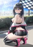  1girl ass ass_grab bare_back bare_shoulders black_hair blue_eyes blush bra breasts butt_crack checkered_flag closed_mouth flag gloves grabbing_own_ass gridman_universe high_heels highleg highleg_panties highres holding holding_flag jacket latex latex_thighhighs long_hair looking_at_viewer looking_back open_clothes open_jacket outdoors panties race_queen skirt solo squatting ssss.gridman studiopokotan takarada_rikka thighhighs thighs underwear v white_gloves 