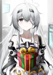  1girl absurdres bandage_on_face bandages bare_shoulders gift grey_eyes grey_hair highres holding holding_gift long_hair looking_at_viewer no.21_(punishing:_gray_raven) punishing:_gray_raven rm_mistletoe robot solo 