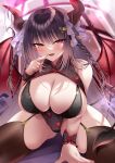  1girl :d absurdres akatsuki_(aktk511) arm_support black_bra black_hair black_thighhighs blunt_bangs bra braid breasts cameltoe cleavage commentary_request demon_girl demon_horns demon_tail demon_wings finger_to_mouth fingernails floral_print garter_straps hair_intakes hair_ornament highres horns huge_breasts leaning_forward long_hair looking_at_viewer original pointy_ears red_eyes revealing_clothes seductive_smile sitting skindentation smile solo spade_(shape) tail thick_thighs thighhighs thighs twin_braids underwear wings wrist_cuffs 