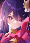 +_+ 1girl blurry closed_mouth commentary_request depth_of_field gloves hair_ornament hand_on_own_chest highres hoshino_ai_(oshi_no_ko) long_hair looking_at_viewer oshi_no_ko pink_gloves pointing pointing_at_viewer portrait purple_eyes purple_hair rabbit_hair_ornament shinshia_(sinsia_0928) smile solo star_(symbol) star_hair_ornament straight-on 